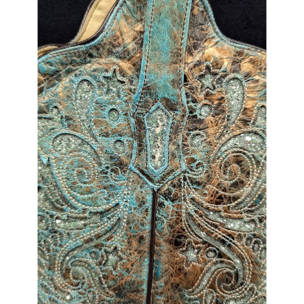 Corral Boots 7.5M Pointed Snip Toe Women Bronze/Turquoise Engraved Glitter Inlay - Picture 5 of 16